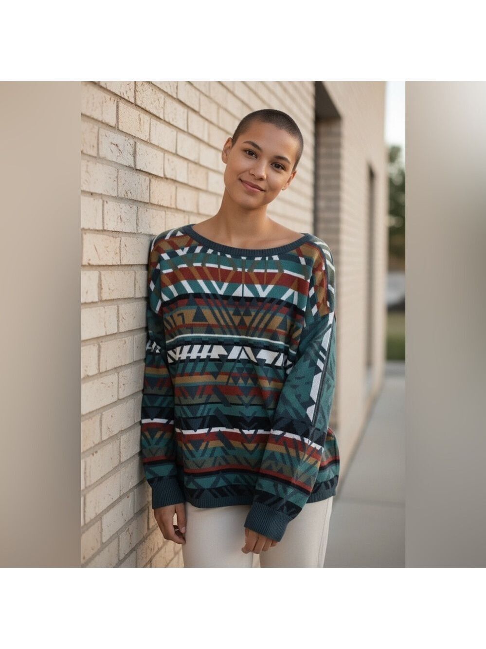 Peruvian Connection Geometric Aztec Print Pima Cotton Sweater Size XL Comfy Cozy